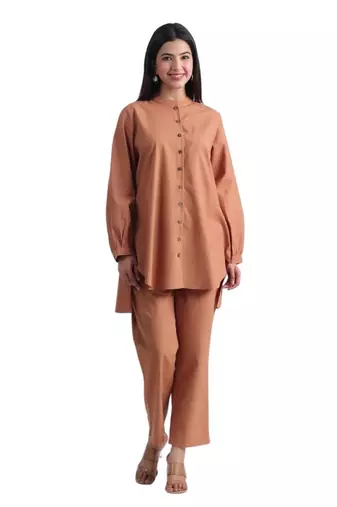 Brown full sleeves mandarin collar cotton ethnic co-ord set with pant