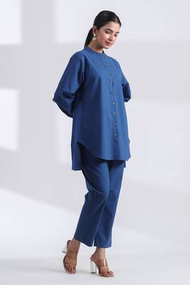 Indigo full sleeves mandarin collar cotton ethnic co-ord set with pant 1