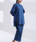 Indigo full sleeves mandarin collar cotton ethnic co-ord set with pant