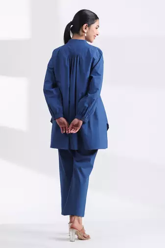 Indigo full sleeves mandarin collar cotton ethnic co-ord set with pant