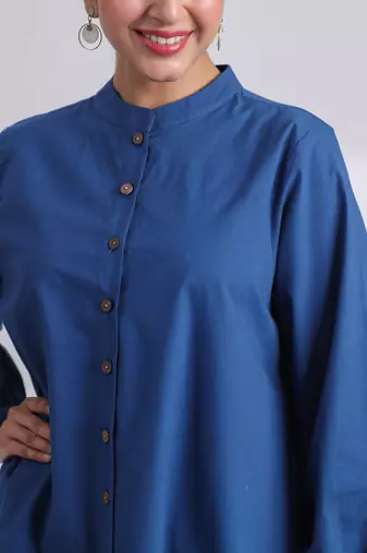 Indigo full sleeves mandarin collar cotton ethnic co-ord set with pant