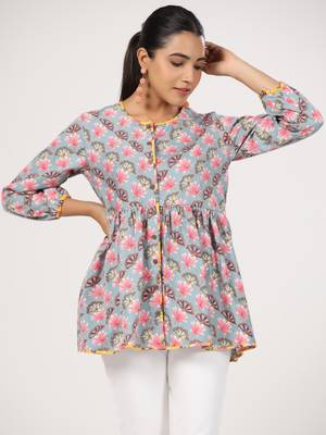 Multicolor front button floral printed cotton top 1