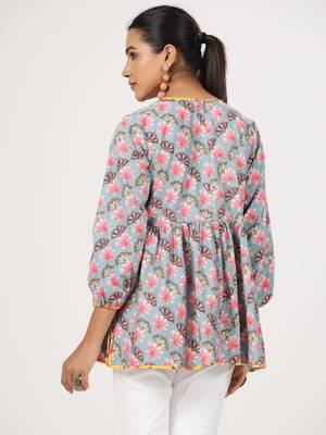Multicolor front button floral printed cotton top 2