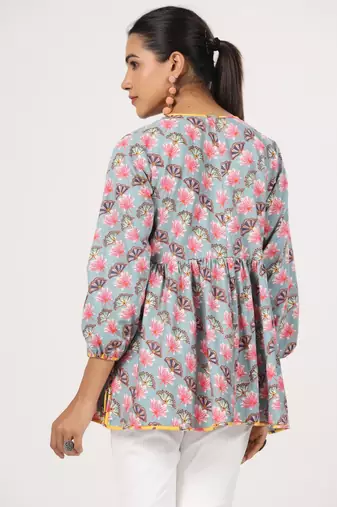 Multicolor front button floral printed cotton top