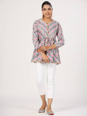 Multicolor front button floral printed cotton top 3