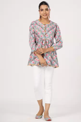 Multicolor front button floral printed cotton top