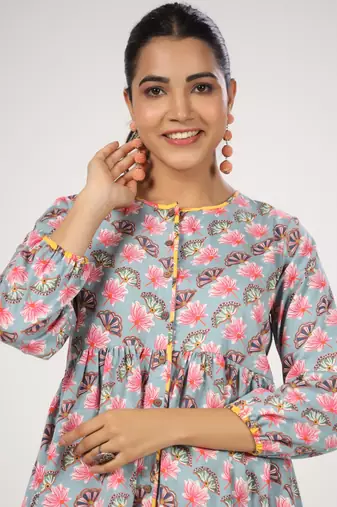 Multicolor front button floral printed cotton top