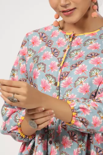 Multicolor front button floral printed cotton top