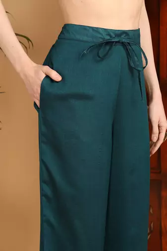 green silk blend solid yoke design a-line kurta trousers with dupatta