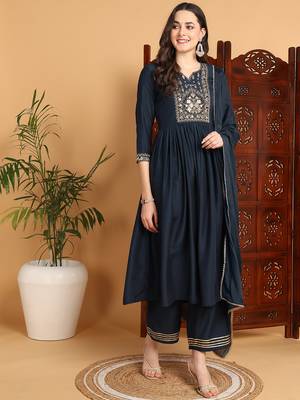 women blue cotton blend solid yoke design a-line kurta trousers with dupatta 1