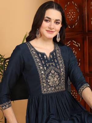 women blue cotton blend solid yoke design a-line kurta trousers with dupatta 2
