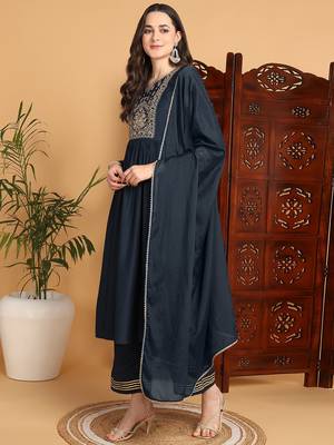 women blue cotton blend solid yoke design a-line kurta trousers with dupatta 3
