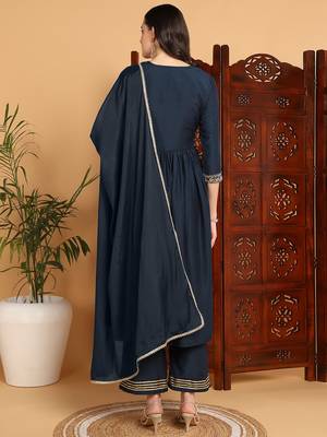 women blue cotton blend solid yoke design a-line kurta trousers with dupatta 4