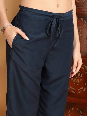 women blue cotton blend solid yoke design a-line kurta trousers with dupatta 5