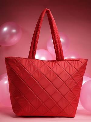red polyester tote bag with diamond stitch design 1