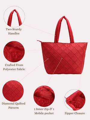 red polyester tote bag with diamond stitch design 4