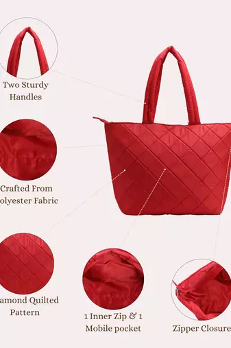 red polyester tote bag with diamond stitch design