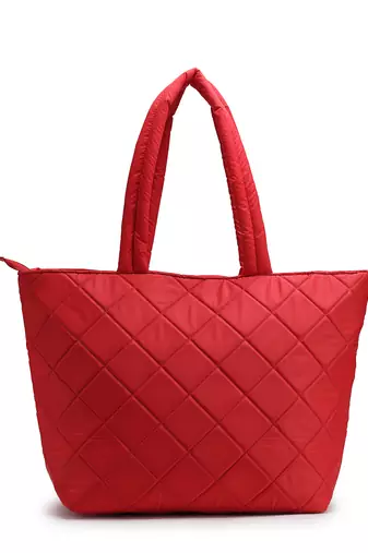 red polyester tote bag with diamond stitch design