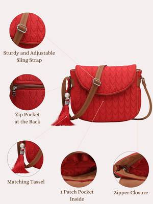red polyester  sling bag with tassel charm design 4
