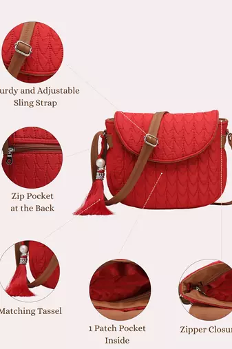 red polyester  sling bag with tassel charm design