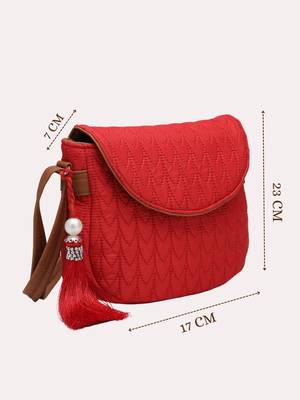 red polyester  sling bag with tassel charm design 5