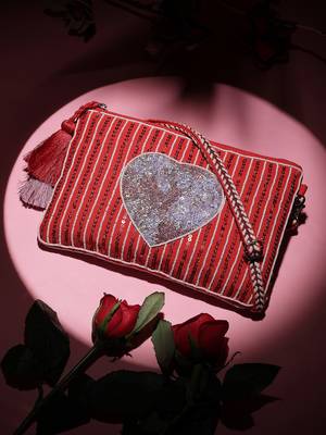 red multi cotton canvas sling bag with jacquard heart 1