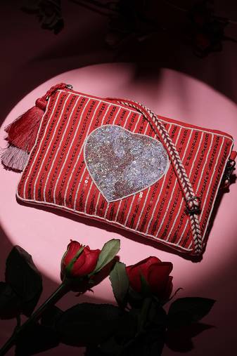 amour valentine red & multi cotton canvas & jacquard heart embellished sling bag