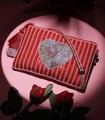 amour valentine red & multi cotton canvas & jacquard heart embellished sling bag