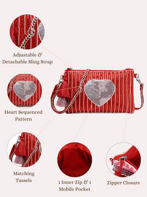 red multi cotton canvas sling bag with jacquard heart 4