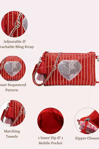 red multi cotton canvas sling bag with jacquard heart