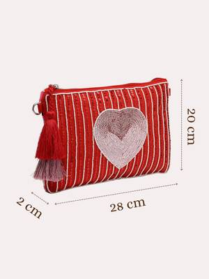 red multi cotton canvas sling bag with jacquard heart 5