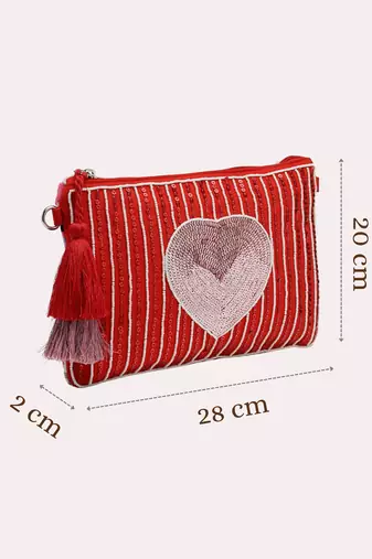 red multi cotton canvas sling bag with jacquard heart