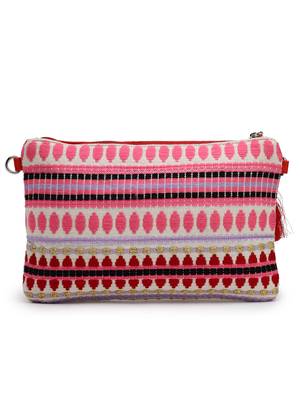 red multi cotton canvas sling bag with jacquard heart 6