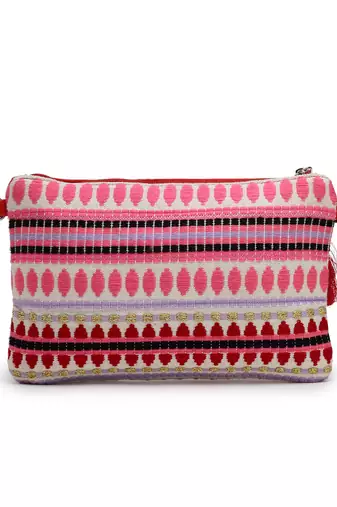 red multi cotton canvas sling bag with jacquard heart