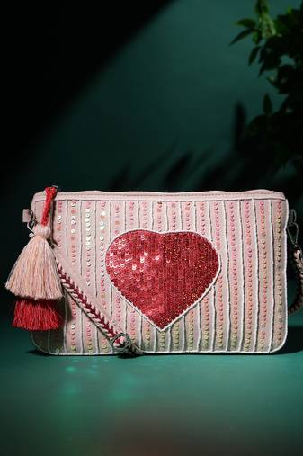amour natural & multi cotton canvas & jacquard heart embellished sling bag