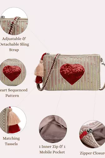 multi cotton canvas sling bag with jacquard heart