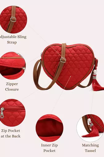 red tan polyester sling bag with chevron quilting