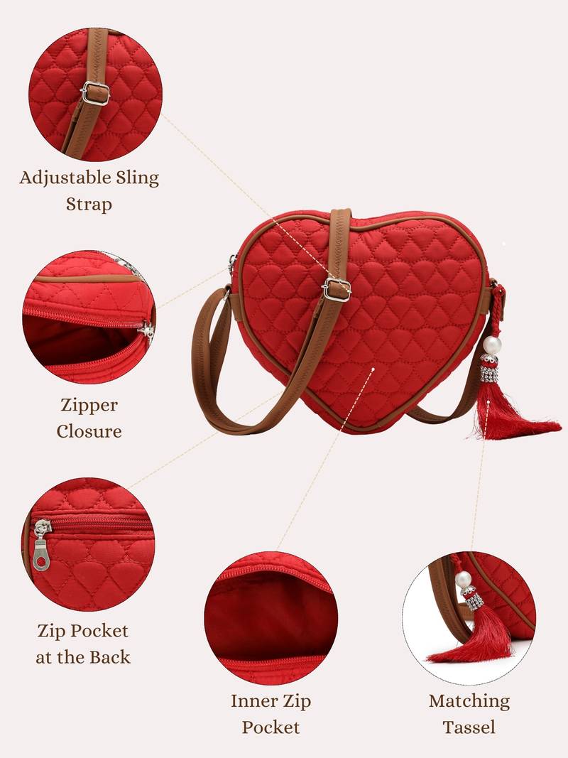 red tan polyester sling bag with chevron quilting