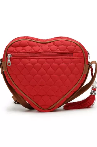 red tan polyester sling bag with chevron quilting