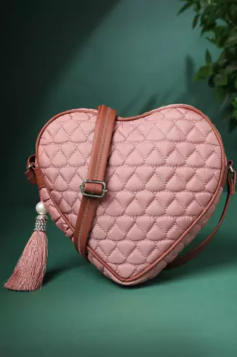 amour dusty pink & tan polyester & vegan leather chevron quilted sling bag
