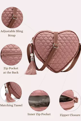 dusty pink polyester sling bag with chevron quilting