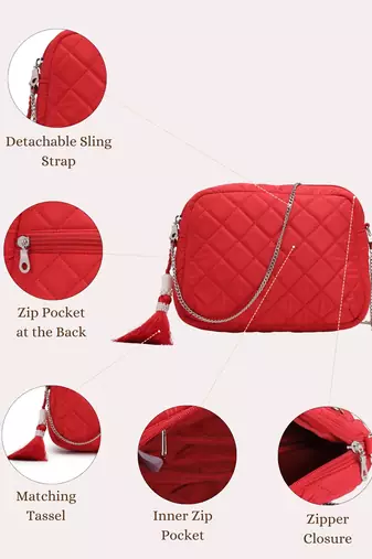 red polyester sling bag with diamond quilting