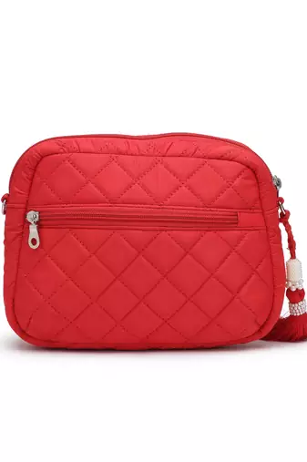 red polyester sling bag with diamond quilting