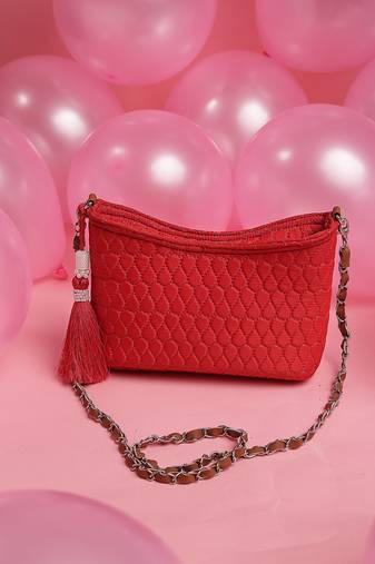 amour valentine red & tan polyester & vegan leather chevron quilted sling bag