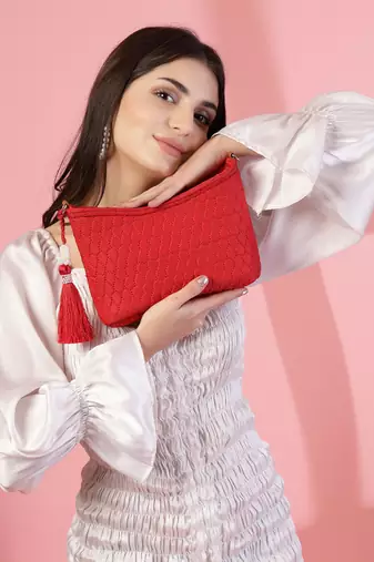 red tan polyester vegan leather sling bag