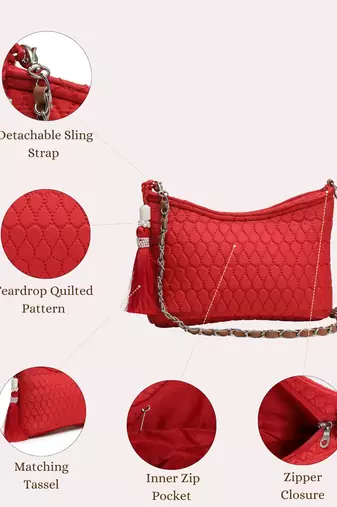 red tan polyester vegan leather sling bag
