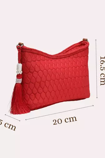 red tan polyester vegan leather sling bag