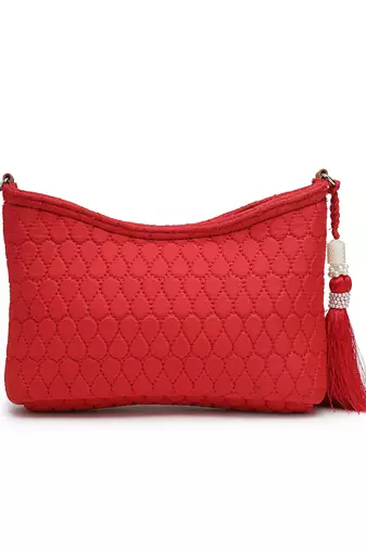 red tan polyester vegan leather sling bag