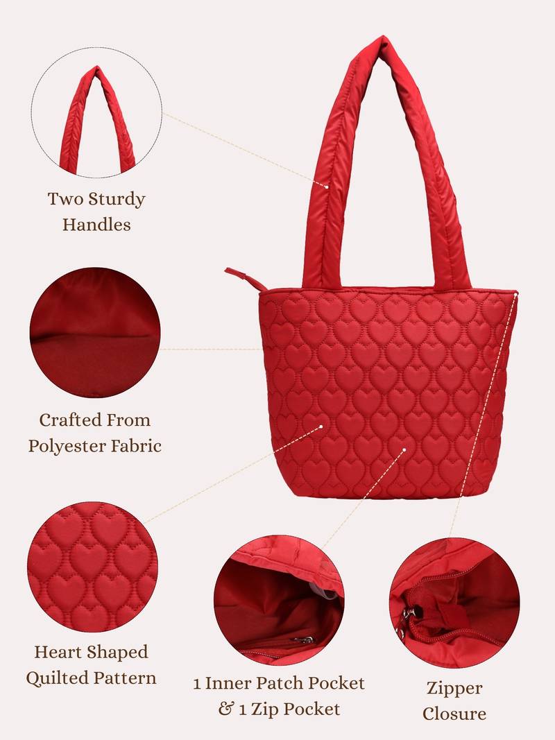 red polyester heart quilted handheld bag