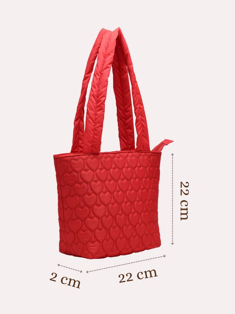 red polyester heart quilted handheld bag